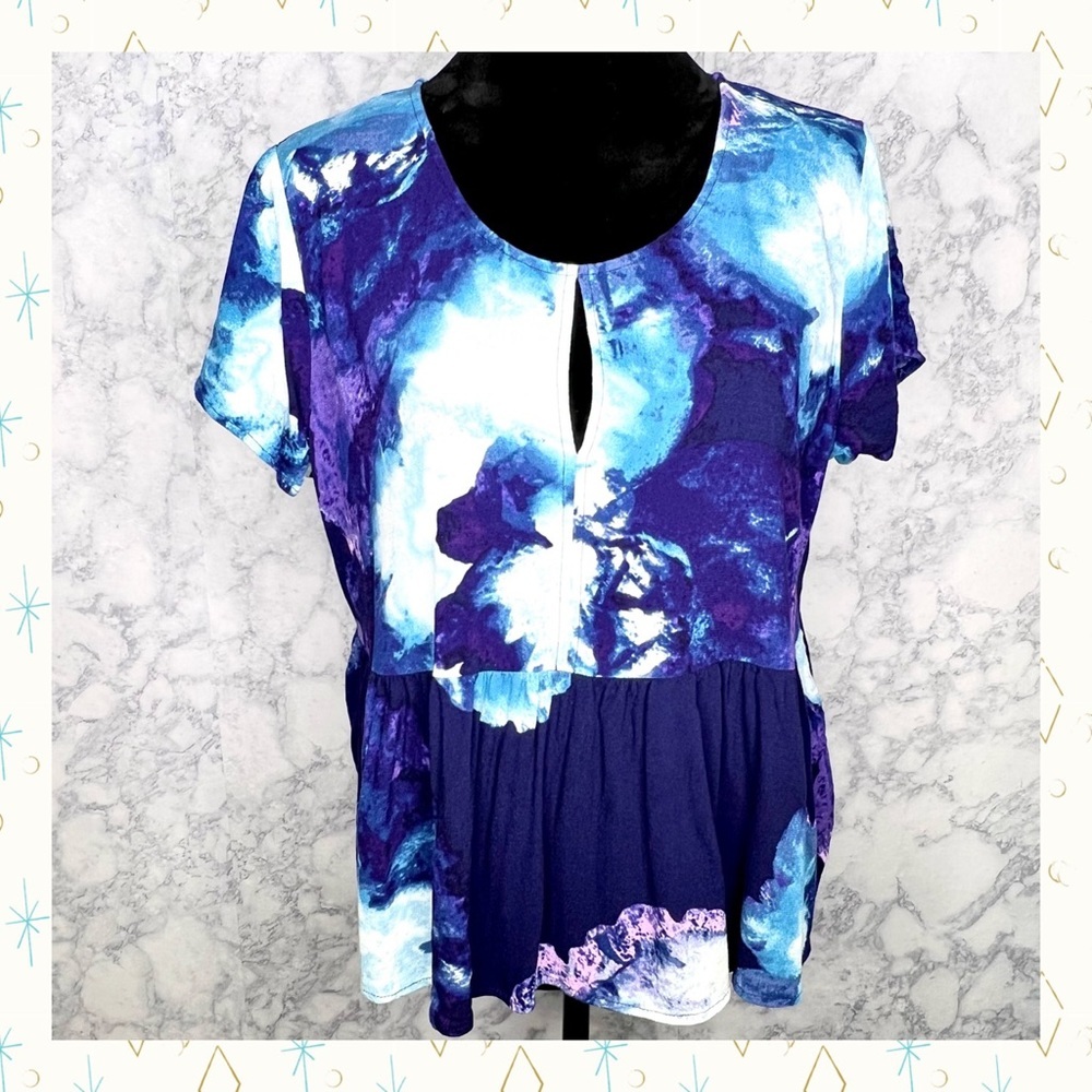 Juicy Couture Blue Purple Abstract Print Peplum Short Sleeve Blouse Women’s XL